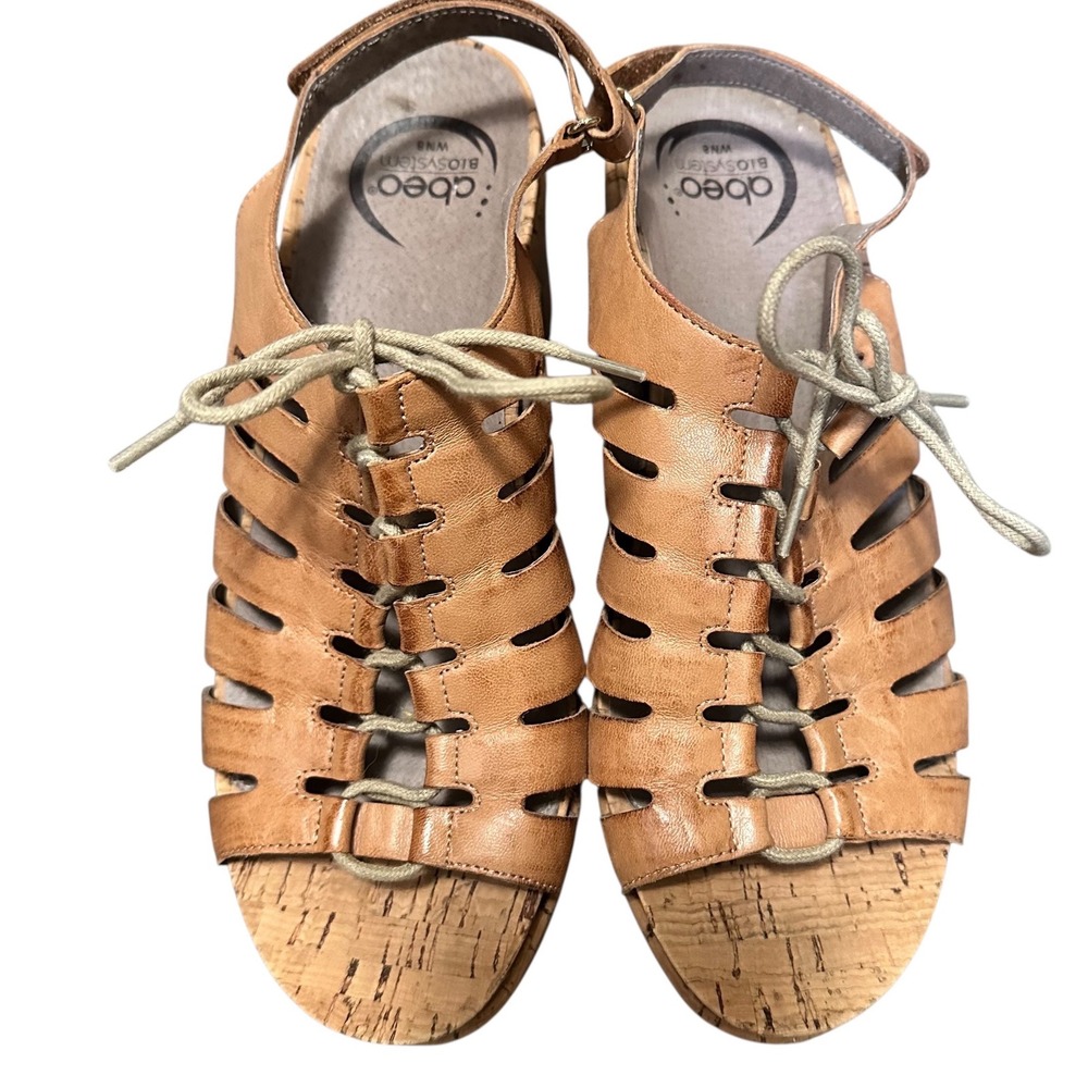 Abeo Slingback Wedge Sandals Women 8 Tan Leather Lace Up Cork Platform - Picture 2 of 9